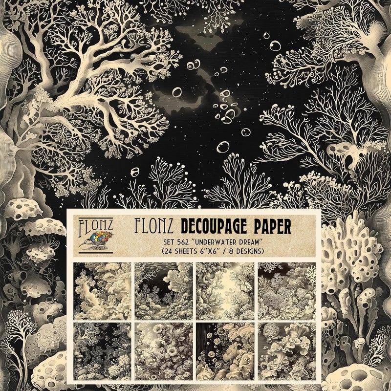 Decoupage Paper Pack (24 Sheets 6"x6") Underwater Dream: Oceanic Coral Patterns for Marine-Themed Art and Craft Creations # Vintage Styled Paper for Craft and Scrapbooking